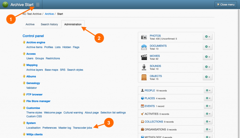 Navigation step to view the Transcoder jobs page in Keeping Culture KMS