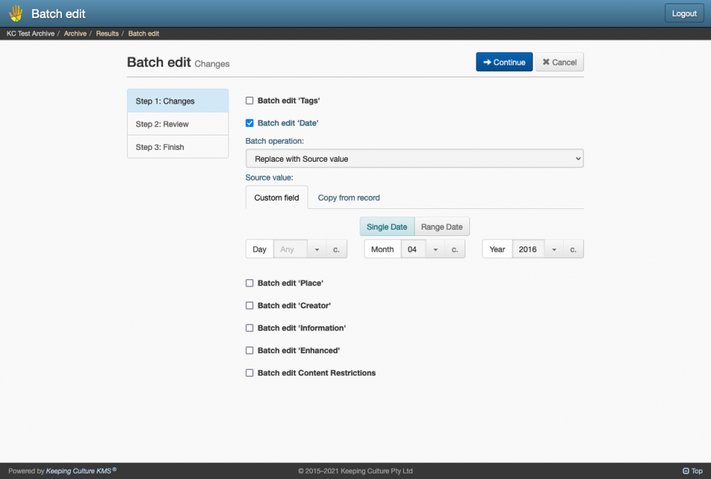Screenshot of the batch edit wizard in Keeping Culture KMS