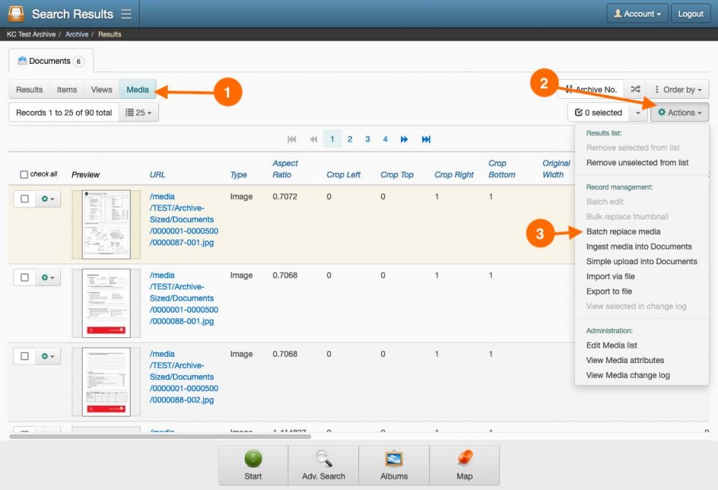 Screenshot of navigation steps to the batch replace media page in Keeping Culture KMS