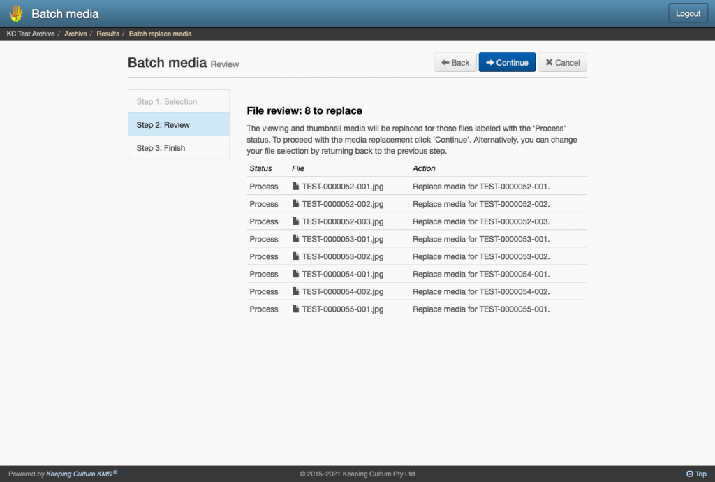 Screenshot of the file review step in the batch replace media wizard in Keeping Culture KMS