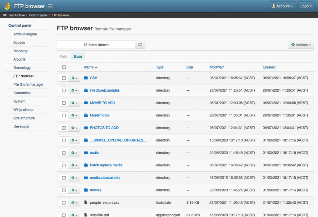 Screenshot of the FTP browser page inside Keeping Culture KMS