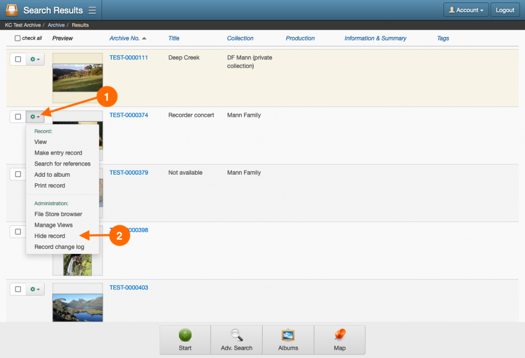 Navigation steps to hide records in the Search Results page within Keeping Culture KMS