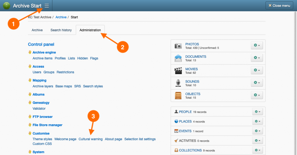 Navigation steps to customise the cultural warning in Keeping Culture KMS.