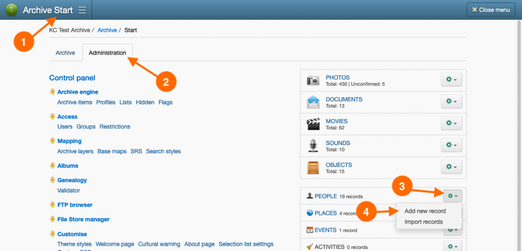 Screenshot showing the navigation steps to create a new record in Keeping Culture KMS