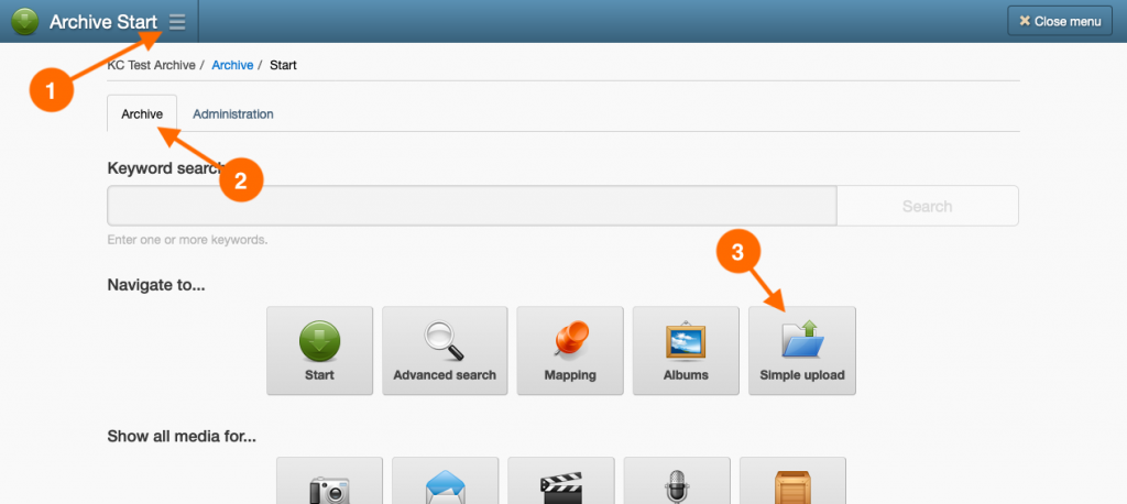 Screenshot showing the navigation steps to the Simple Upload page in Keeping Culture KMS