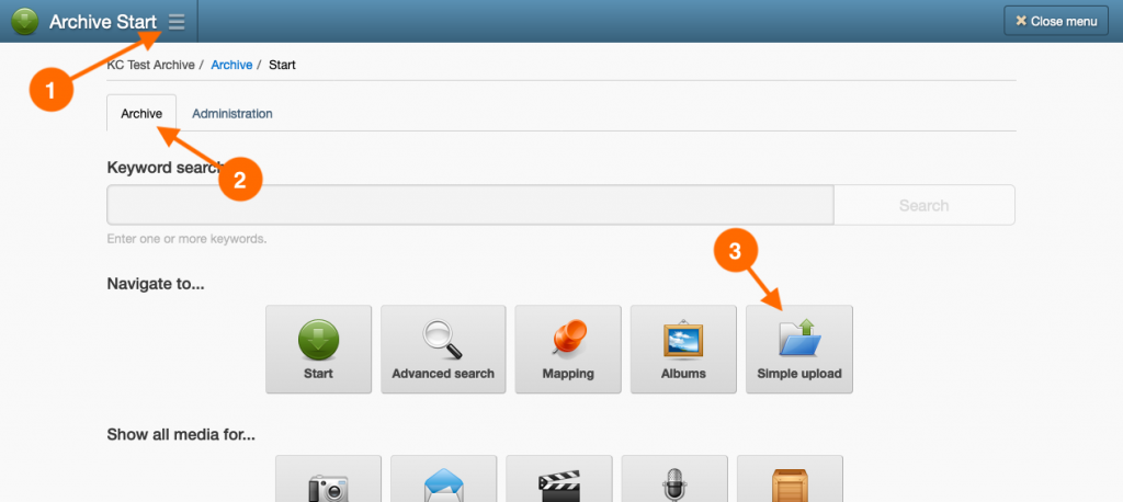 Screenshot showing the navigation steps to the Simple Upload page in Keeping Culture KMS

