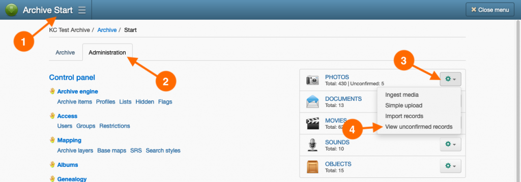 Screenshot showing the navigation steps to locate unconfirmed records in Keeping Culture KMS