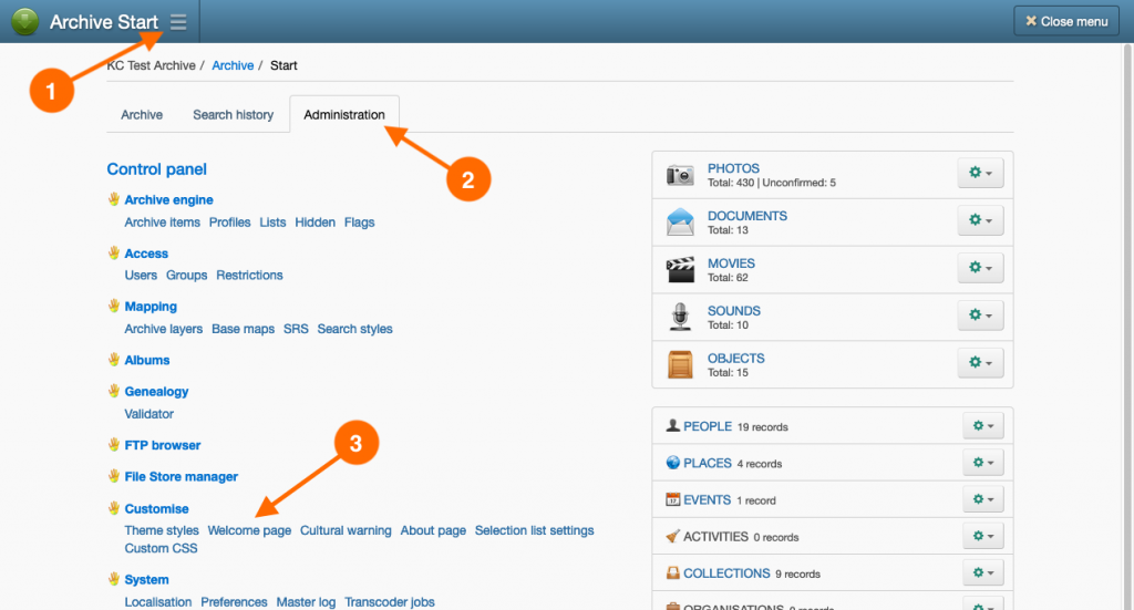 Navigation steps to customise the Welcome page in Keeping Culture KMS.