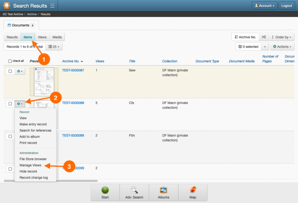 Navigation steps to the Manage Views page in Keeping Culture KMS