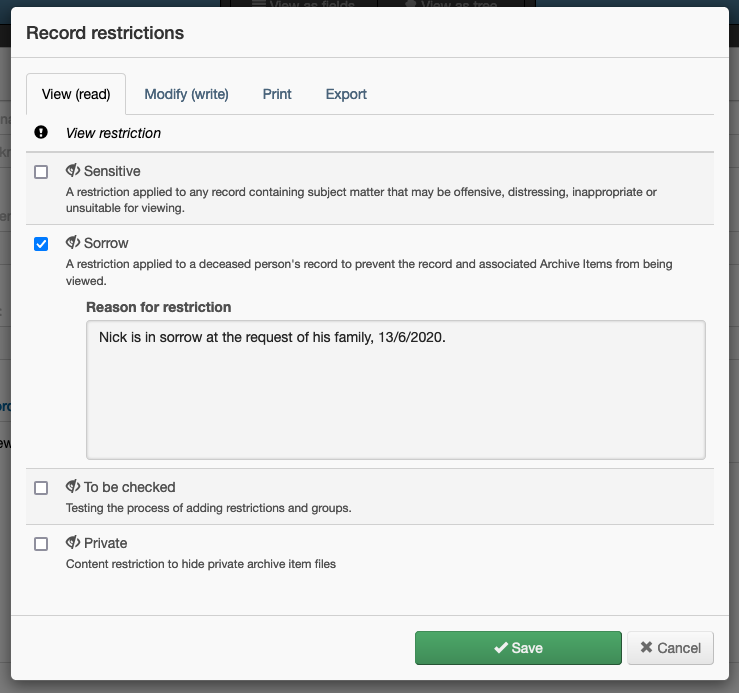 Screenshot showing the Record restriction window in Keeping Culture KMS