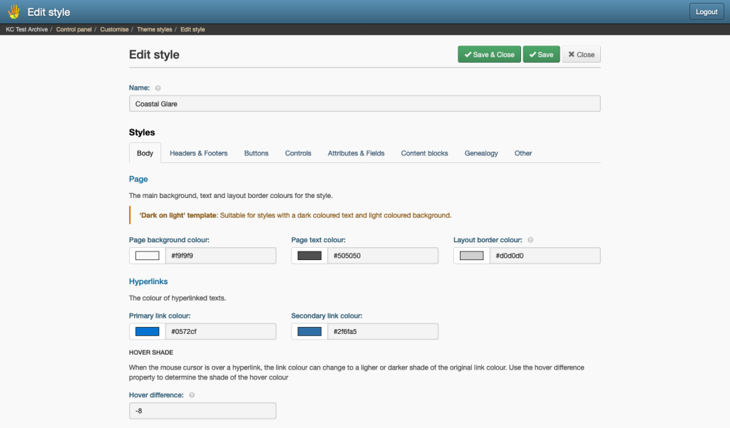 Screenshot of the Edit style page editor in Keeping Culture KMS.