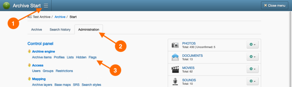 Navigation steps to access the Flags page in Keeping Culture KMS.