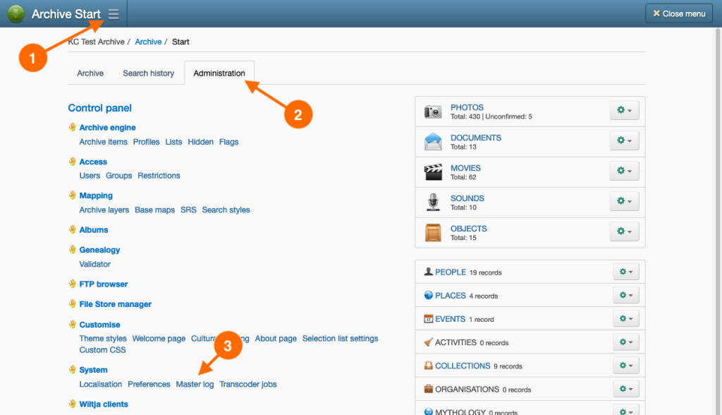 Navigation steps to the Master log page in Keeping Culture KMS