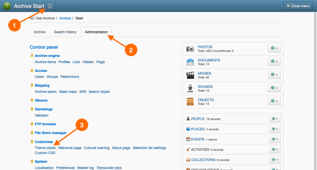 Navigation steps to the Theme styles page in Keeping Culture KMS.