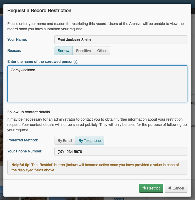 Screenshot of the 'Request a Record Restriction' window when creating a 'Restrict?' Flag in Keeping Culture KMS.