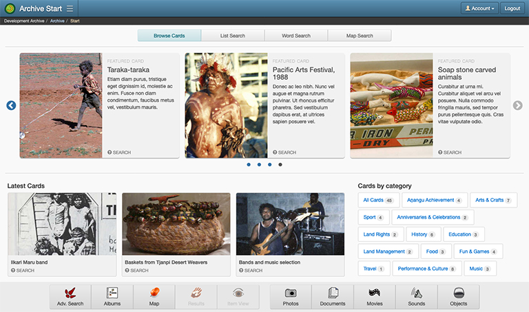 Screenshot of Browse Cards home layout on the Archive Start page.
