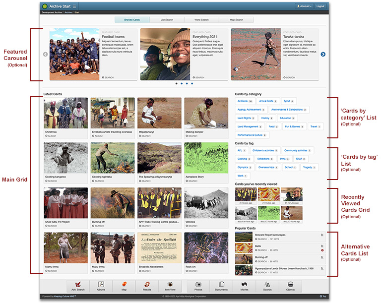 Screenshot of 'Browse Cards' layout on the Archive Start page. Shows regions of each list and grid.