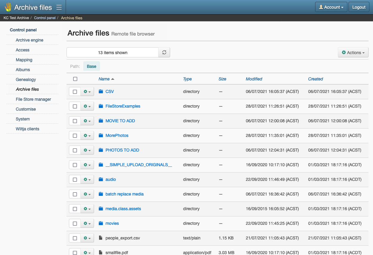 Screenshot of the Archive files page inside Keeping Culture KMS