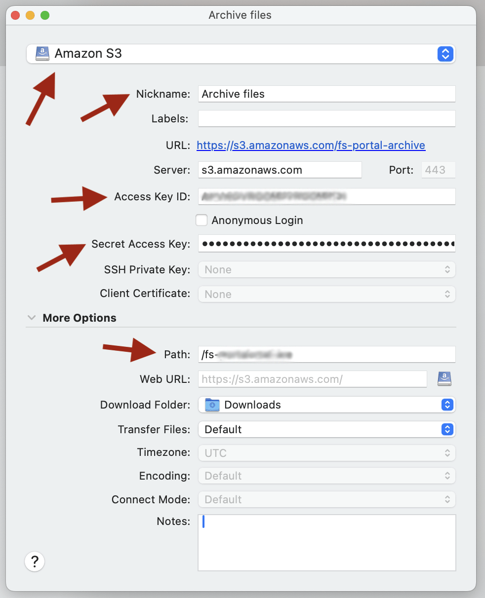 Screenshot of Cyberduck's connection properties window.