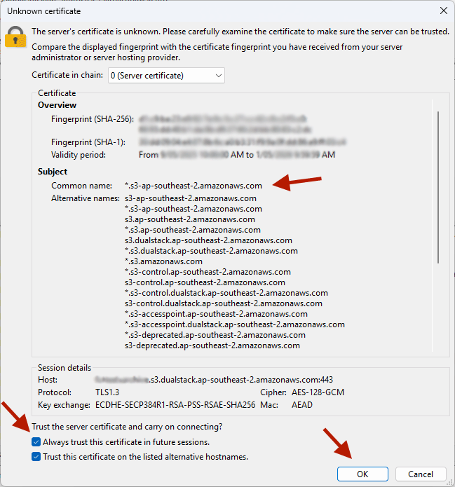 Screenshot of FileZilla Pro's AWS S3 certificate prompt window