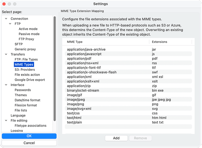 FileZilla Pro settings window with MIME types shown