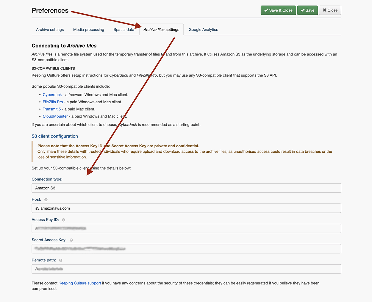 Screenshot of the Archive files tab Keeping Culture KMS's Preferences page
