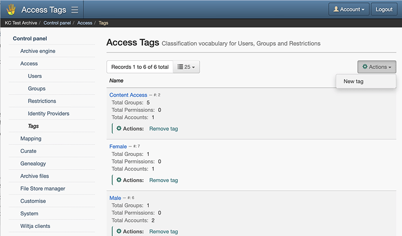Screenshot of the Access Tags page in Keeping Culture KMS showing a list of tags, the number of Groups, Permissions and Accounts for each tag, and the New tag action.