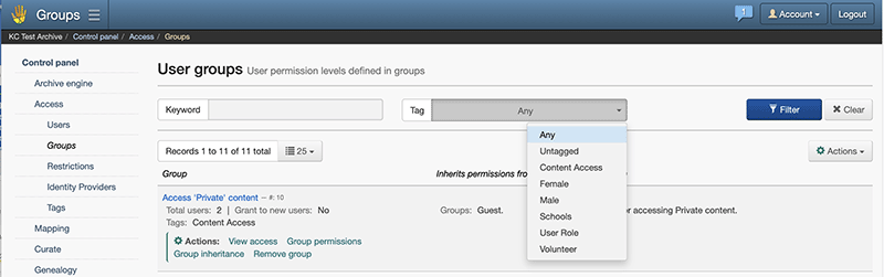 Screenshot of the Groups page in Keeping Culture KMS showing the Keyword and Tag filters with Filter and Clear buttons, a filtered list of Groups and the tags listed in each row.